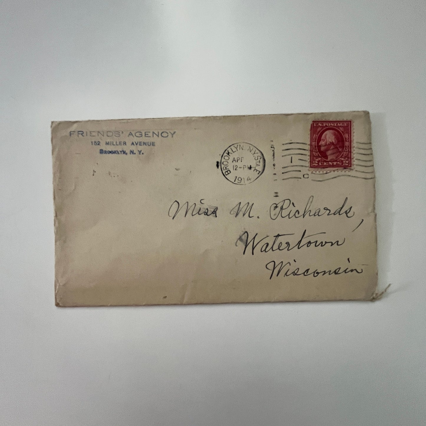 1914 Friends' Agency Envelope Brooklyn NY to M. Richards Watertown WI AI9-H5