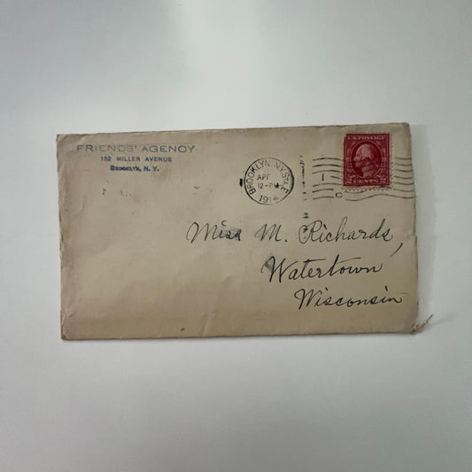 1914 Friends' Agency Envelope Brooklyn NY to M. Richards Watertown WI AI9-H5