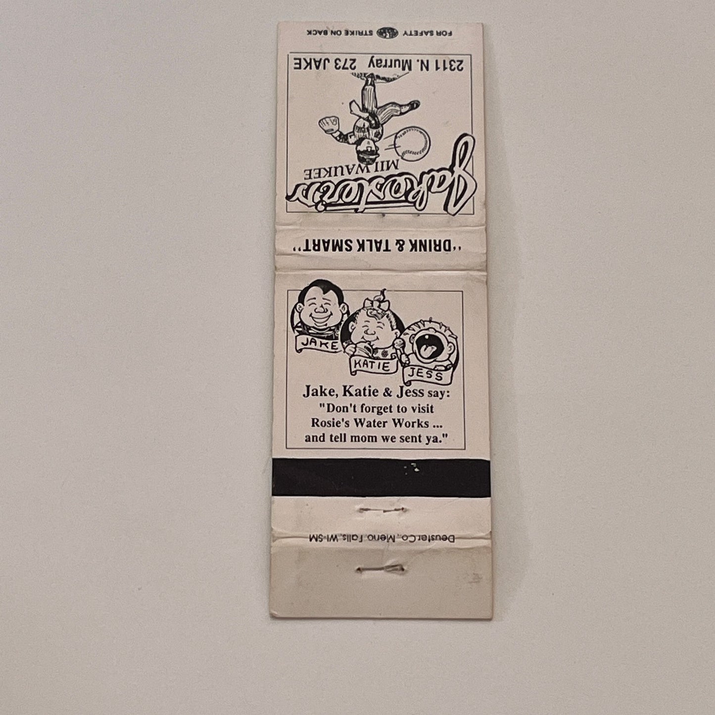 Jakester's Milwaukee Drink & Talk Smart Vintage Matchbook Cover TB6-MB2-2