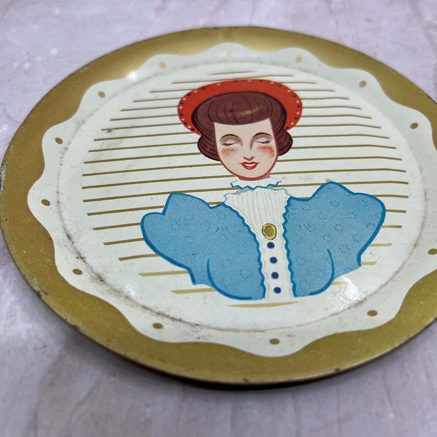 Retro Kitsch Tin Copper plates Victorian Man & Woman Handlebar Mustache 5" SF4