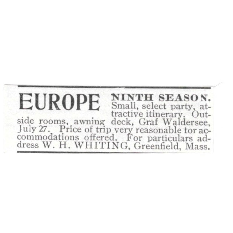 Europe Ninth-Season W.H. Whiting Greenfield MA 1903 Ad AF8-S44