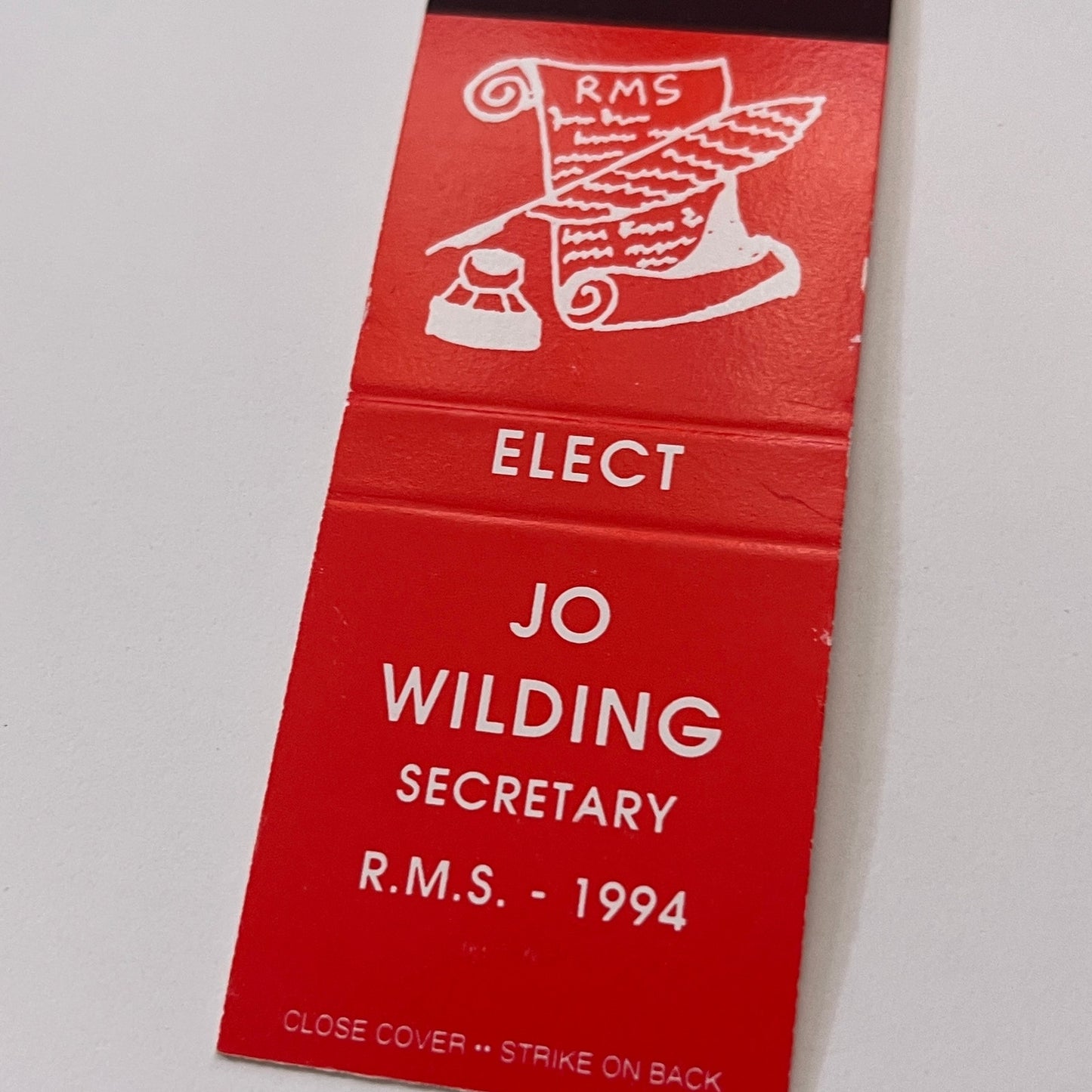 Elect Jo Wilding for RMS Secretary 1994 Vintage Matchbook Cover TB6-MB2-1