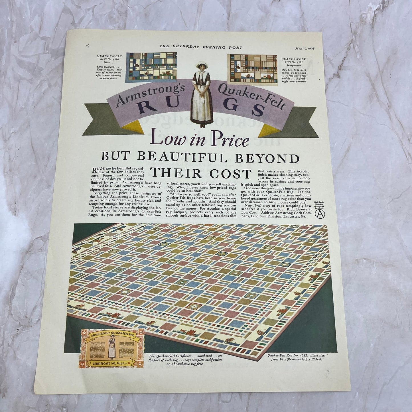 Armstrong's Quaker-Felt Rugs 1928 Original Magazine Advertisement FL6-8