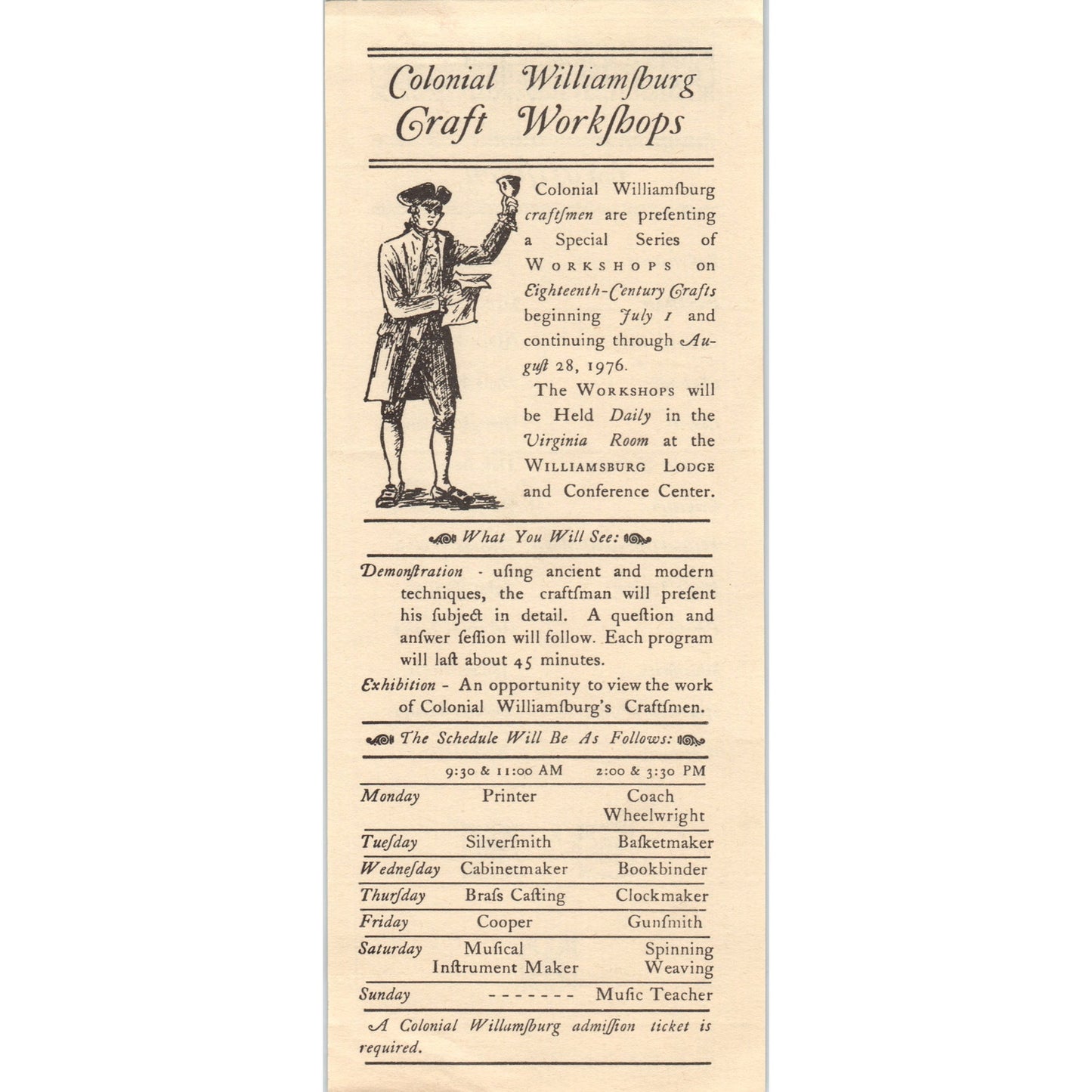 1976 Colonial WIlliamsburg Craft Workshops Bicentennial Travel Leaflet TF4-BD