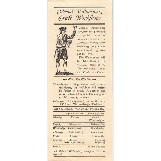1976 Colonial WIlliamsburg Craft Workshops Bicentennial Travel Leaflet TF4-BD