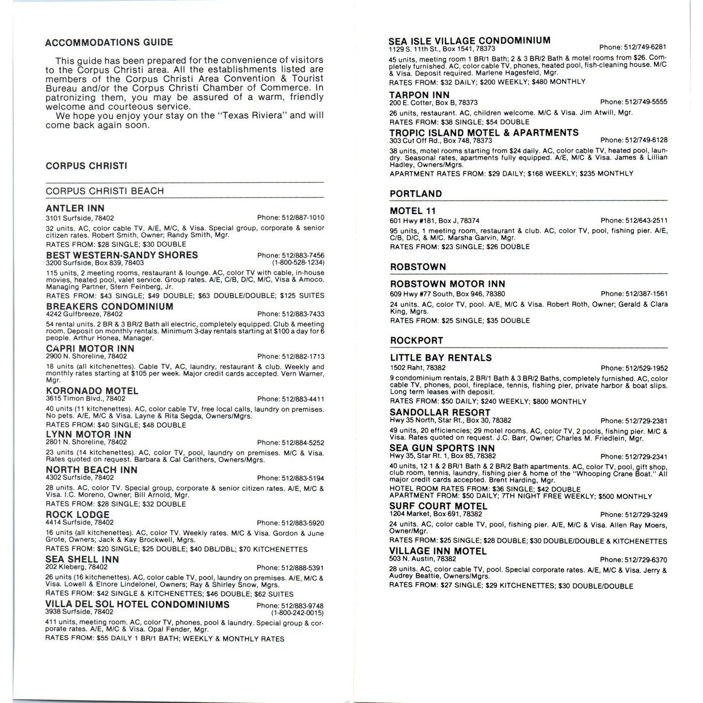 1980s Corpus Christi Area Accommodation Guide Fold Out Brochure TF4-BC