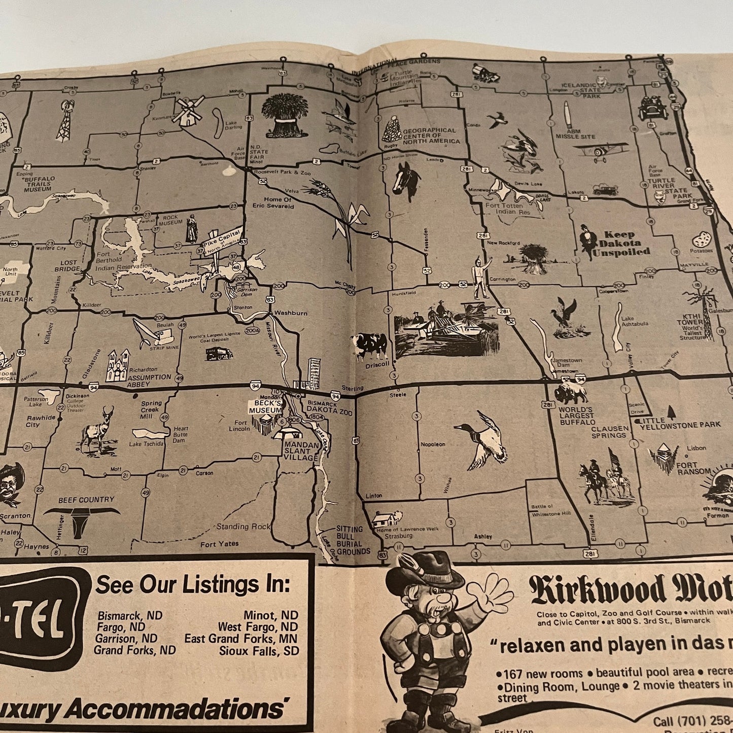North Dakota State Tourist Attraction Travel Map 2 Pages 1977 ND Tourism AG6-8