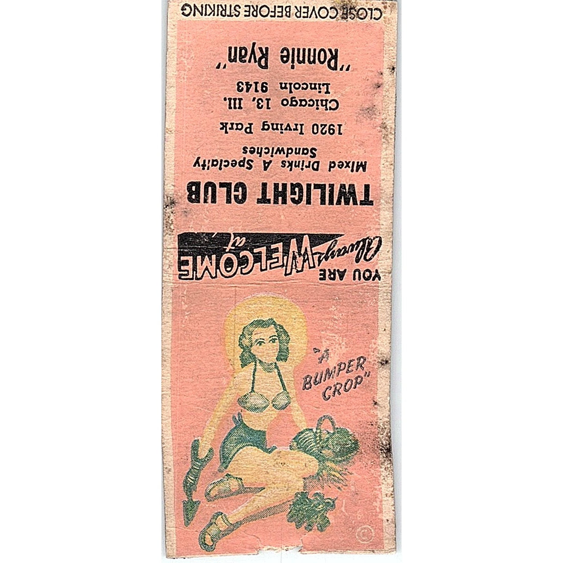 The Twilight Club Ronnie Ryan Chicago IL Vintage Matchbook Cover SC7-Y6