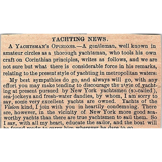 Yachting News - A Yachtsman's Opinions 1878 Article AG2-M8