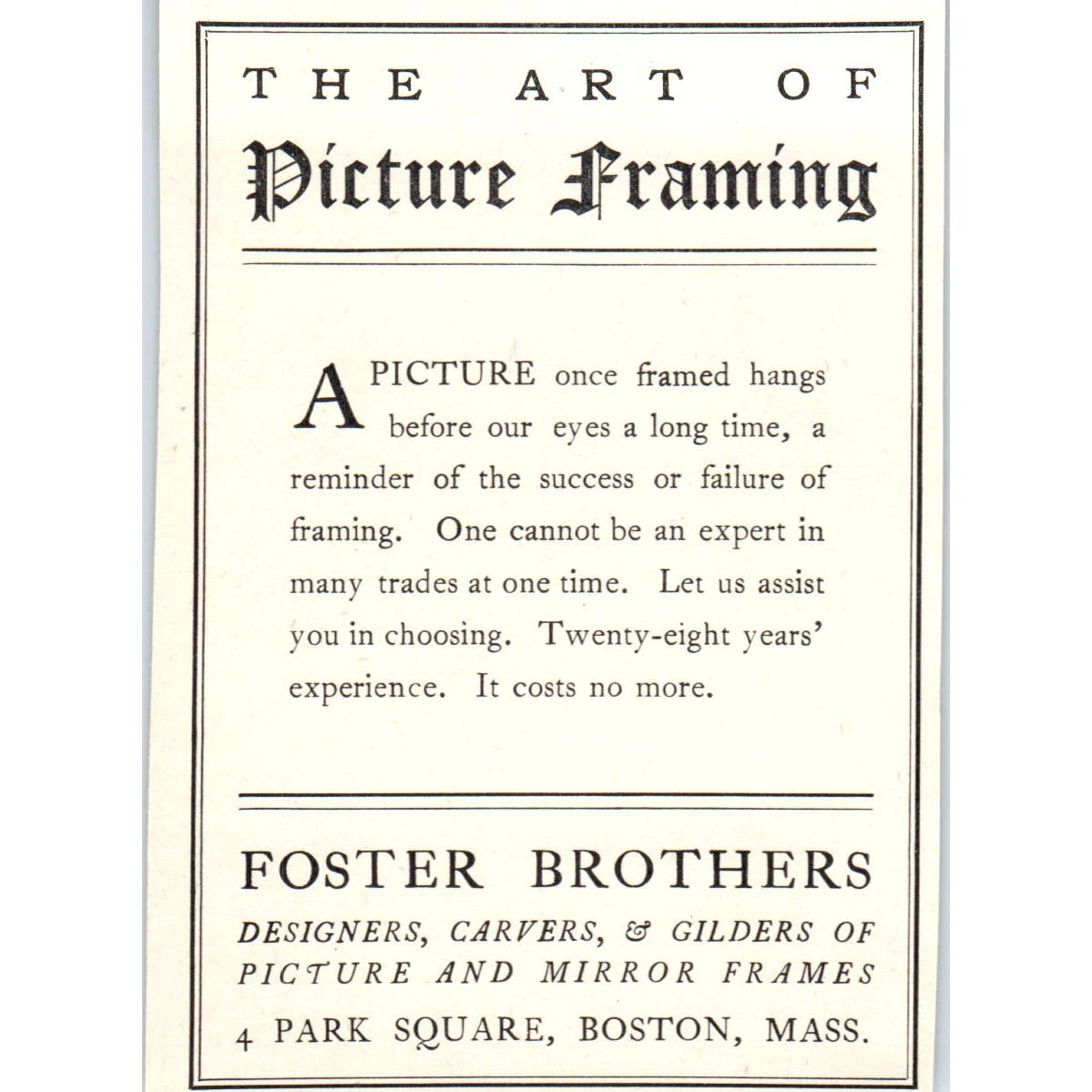 Picture Framing Foster Brothers Boston MA c1905 Victorian Ad AE9-MA5