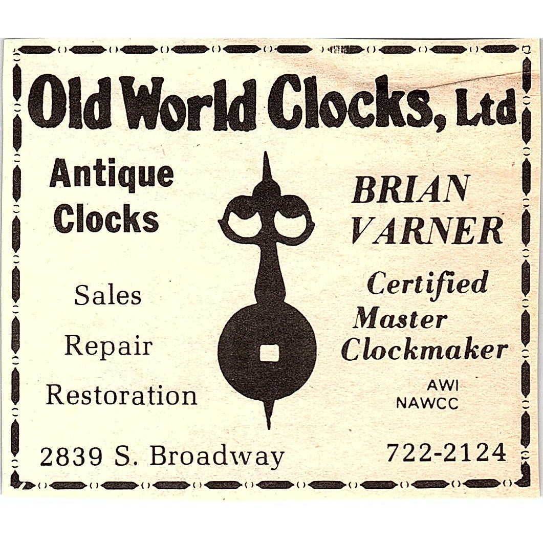 Old World Clocks Ltd Brian Varner Master Clockmaker CO 1984 Ad AF9-M4