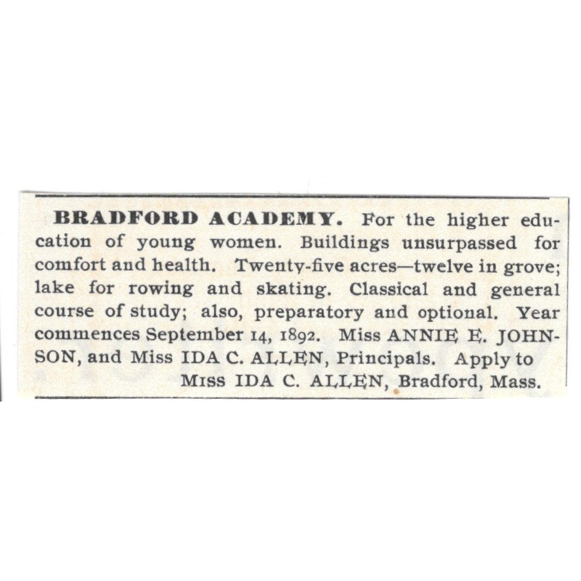 Bradford Academy Ida C. Allen Annie E. Johnson Bradford MA 1892 Ad AG2-S22