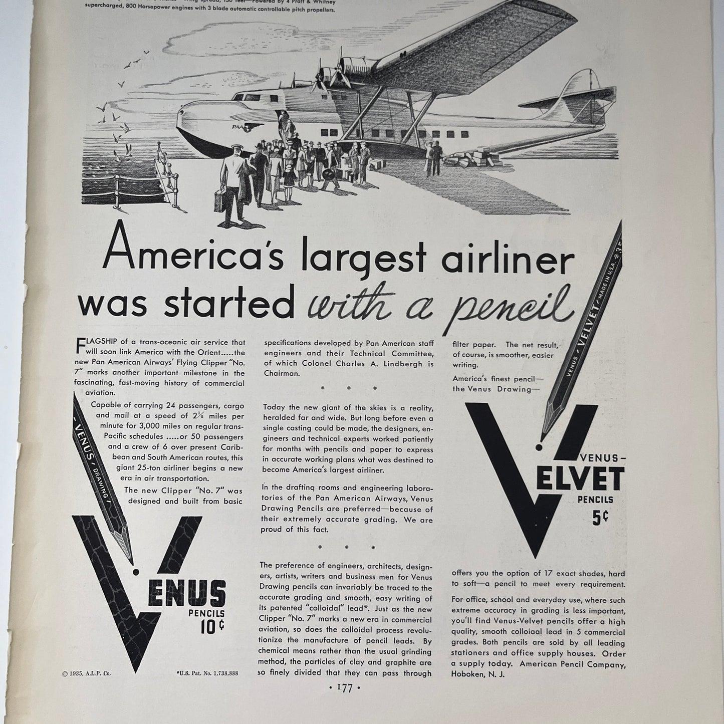 Venus Velvet Pencils Hoboken - Pan American Airways Flying Clipper 1935 Ad V1-4