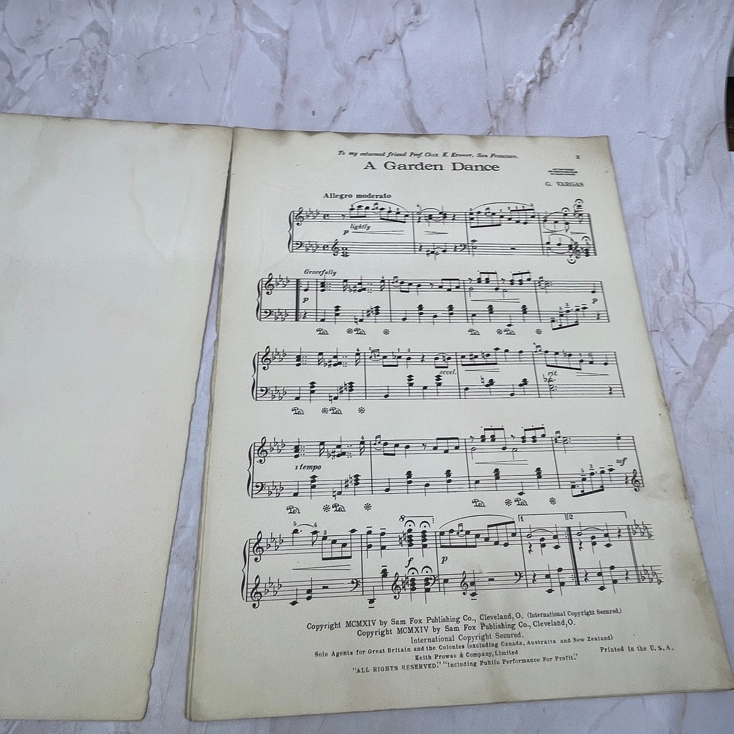 1914 A Garden Dance for the Piano G. Vargas Antique Sheet Music Ti5