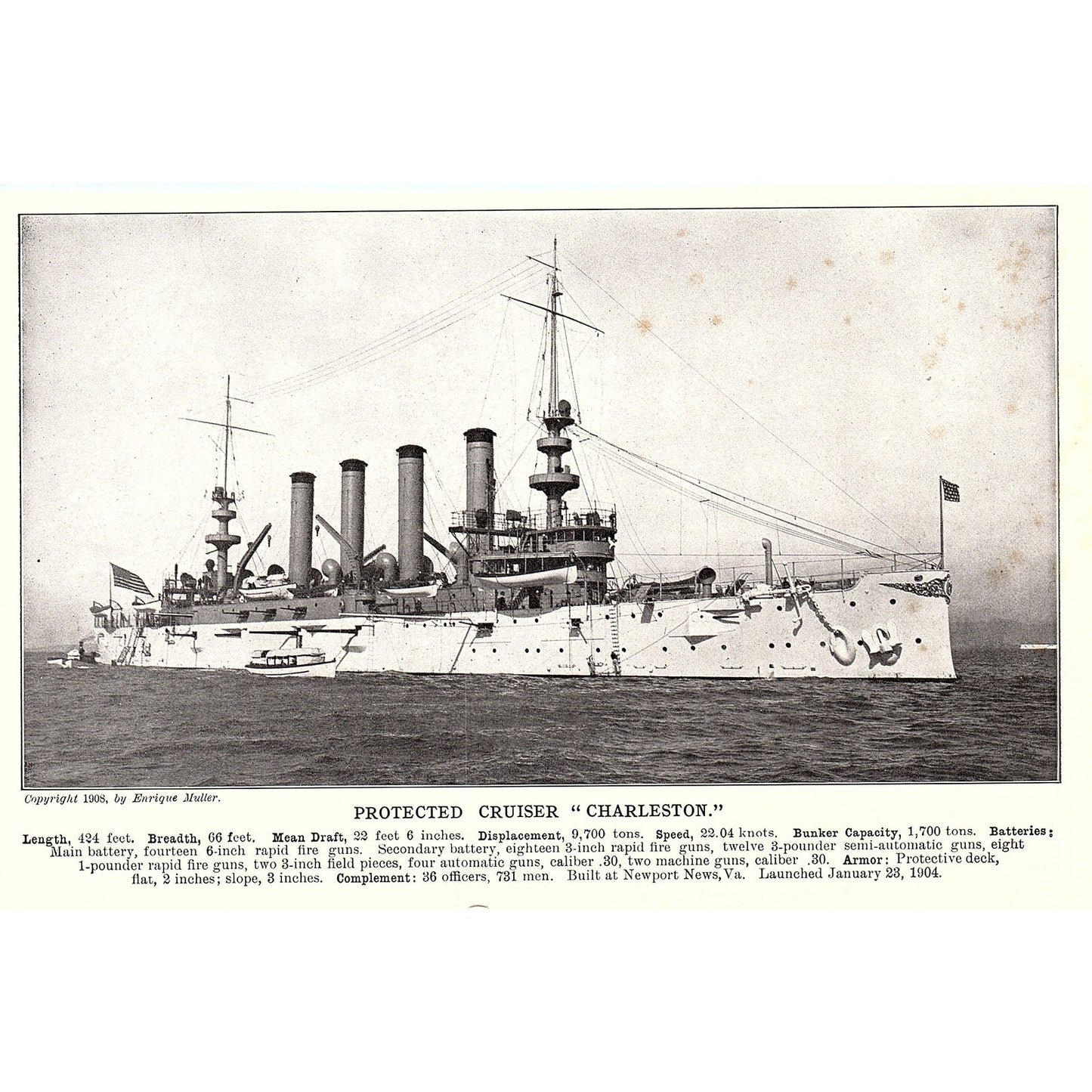 Protected Cruiser Olympia & Charleston Double Sided 1910 Print AF6-19