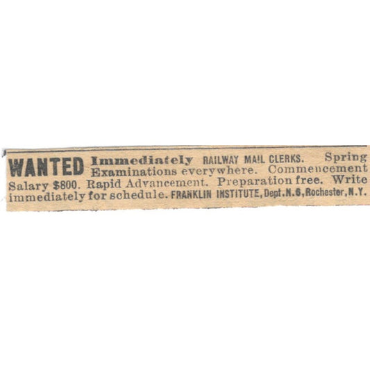 Railway Mail Clerks Wanted Franklin Institute Rochester NY 1910 Ad AF1-SS9