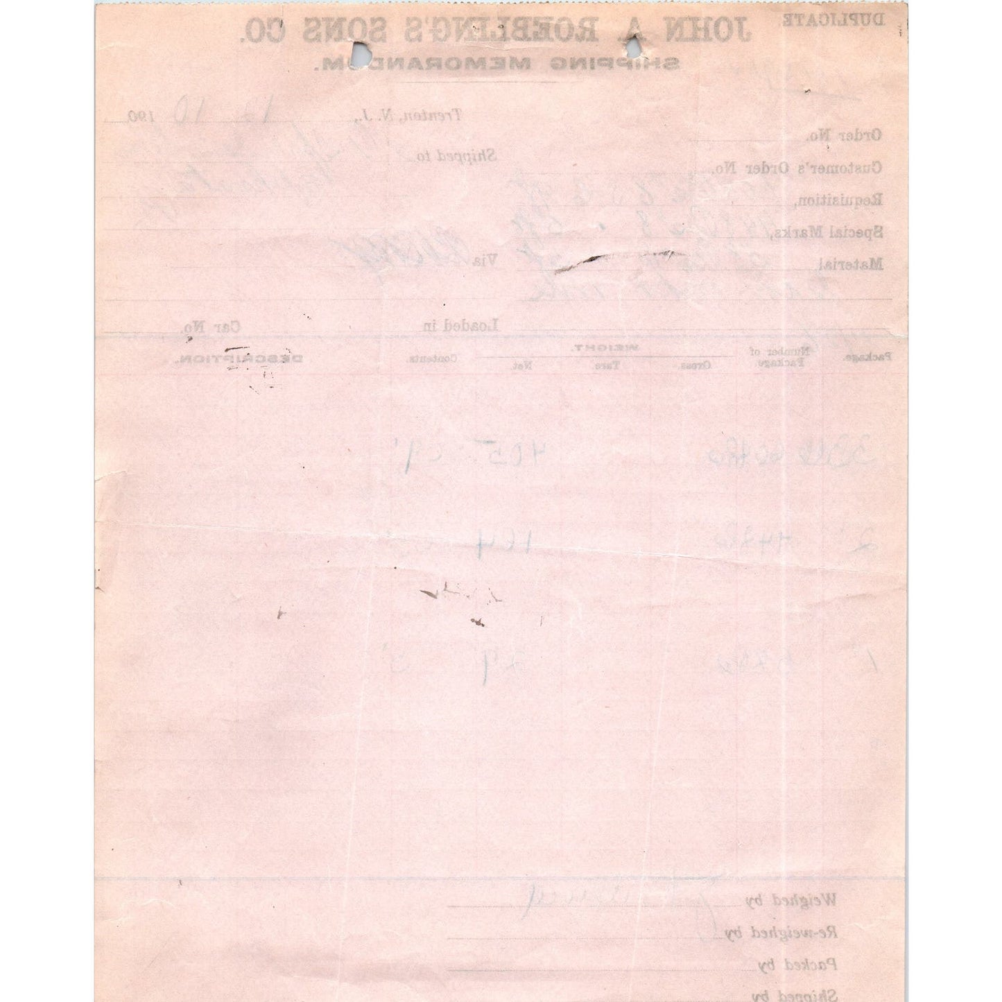 1907 John A. Roebling's Sons Co Trenton NJ Letterhead Billhead Receipt D11