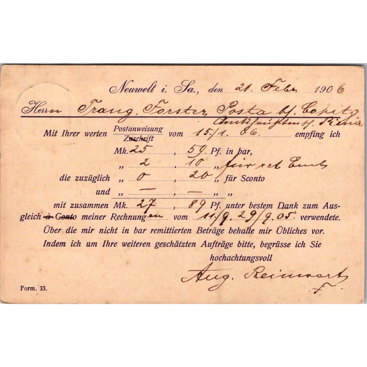 Aug. Reinwart Neuwelt SA Copitz 1906 German Reich Postcard P5-11