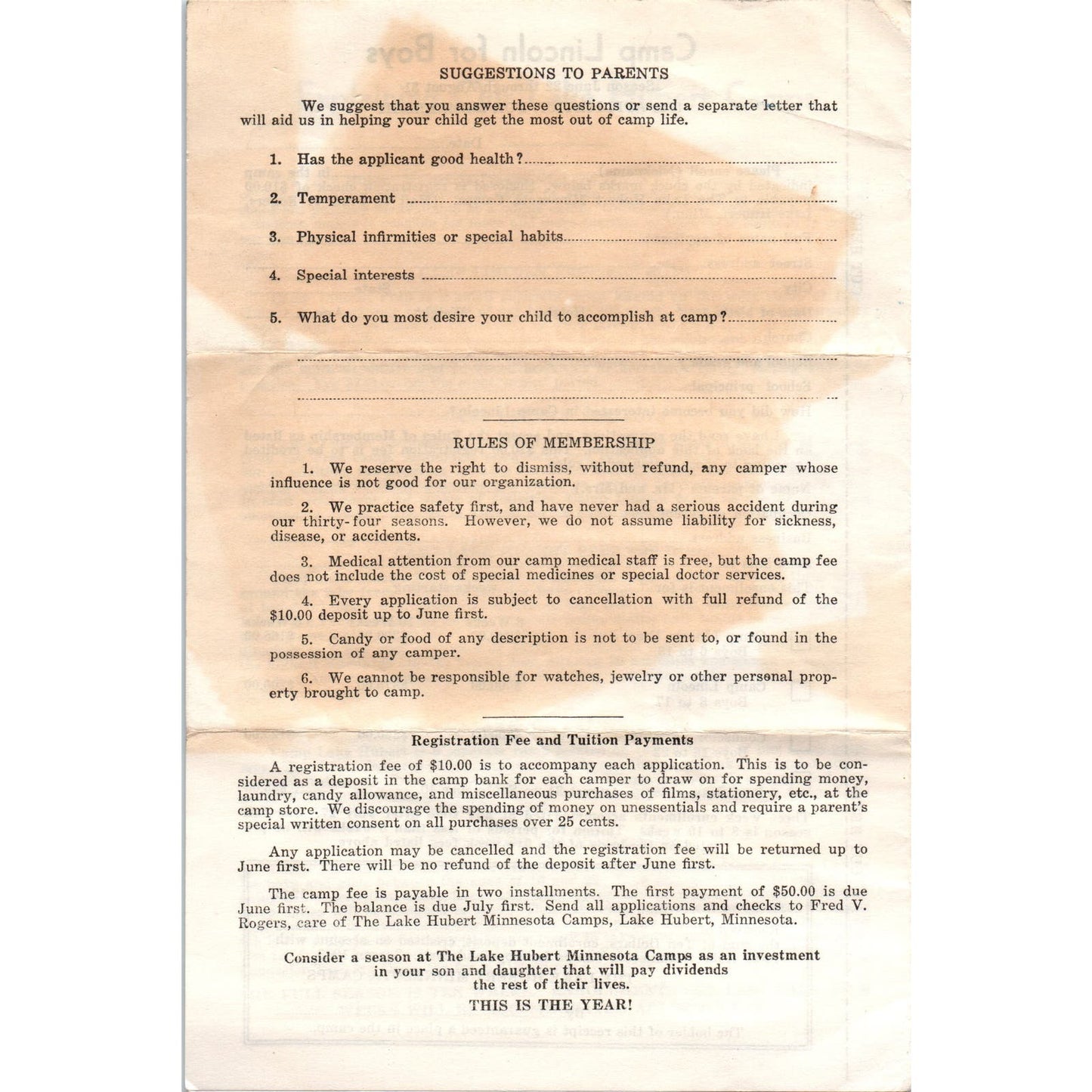1950s Lake Hubert MN Camp Lincoln Boys Summer Camp Leaflet Form AE2