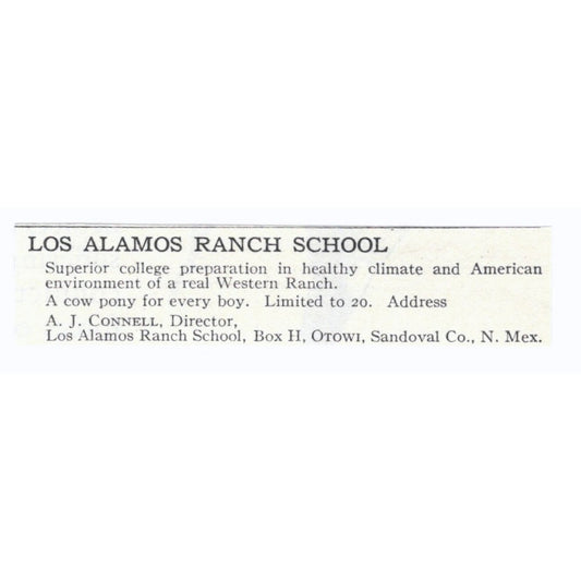 Los Alamos Ranch School A.J. Connell Sandoval NM 1924 Magazine Ad AD8-O9