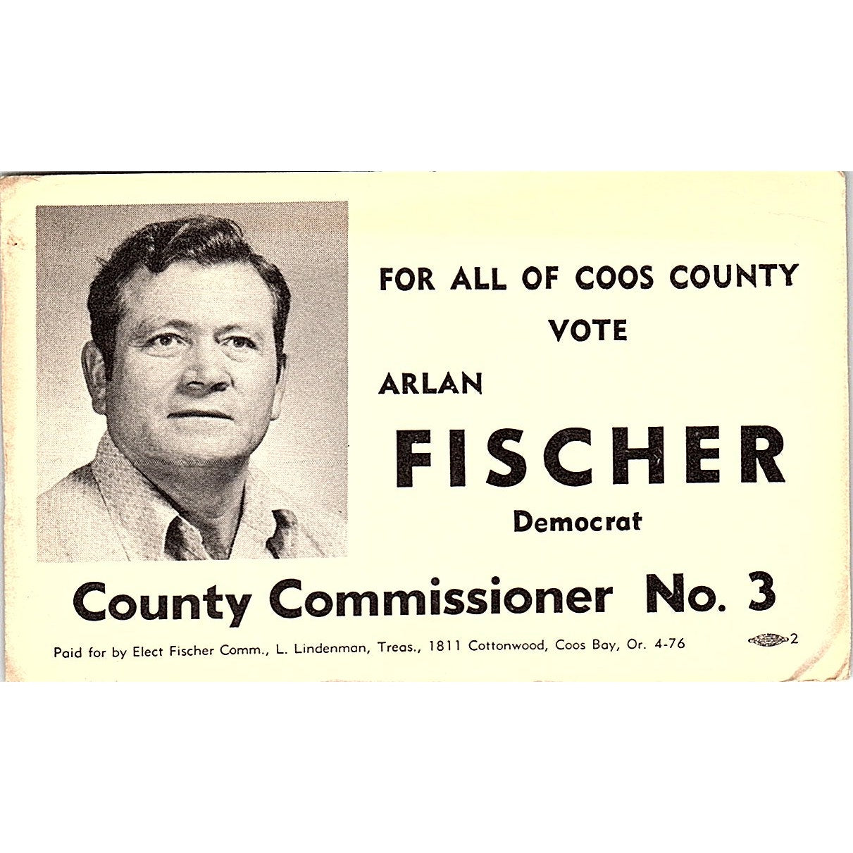 Arlan Fischer Democrat County Commissioner No.3 Coos Bay OR Business Card TH2-B1