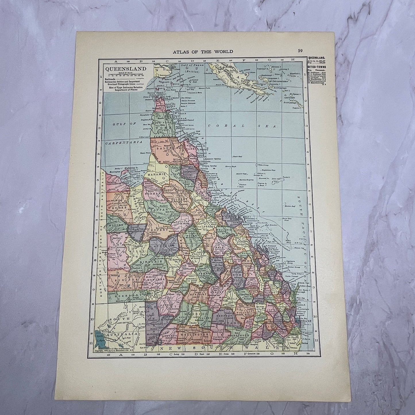 Map of Queensland Australia Double Sided 1910 Print V14-7