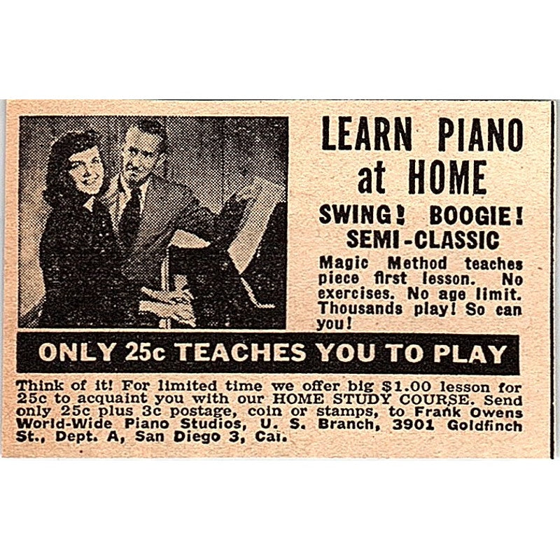 Learn Piano at Home - World-Wide Piano Studios San Diego CA 1948 Ad AF8-S2