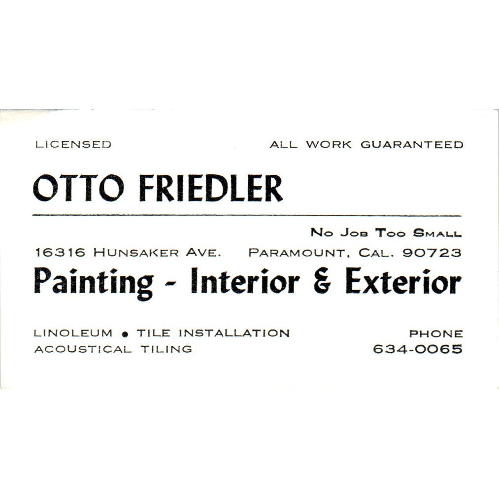 Otto Friedler Painting Paramount CA Vintage Business Card SD8-B14