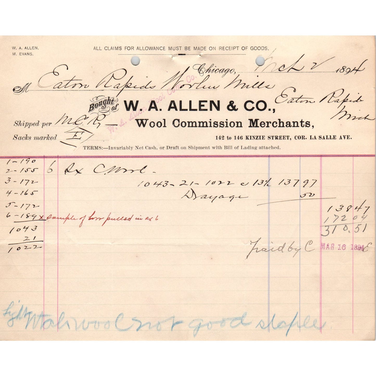 1894 W.A. Allen & Co Wool Merchants Chicago Billhead Letterhead D17