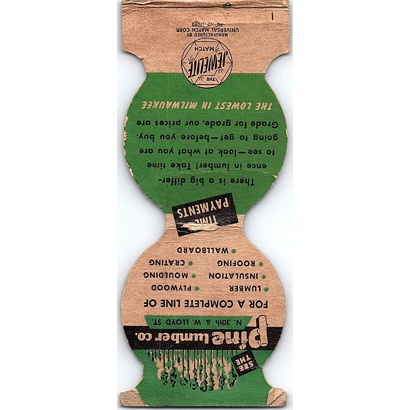 Pine Lumber Co Milwaukee WI Vintage Matchbook Cover ML1-8