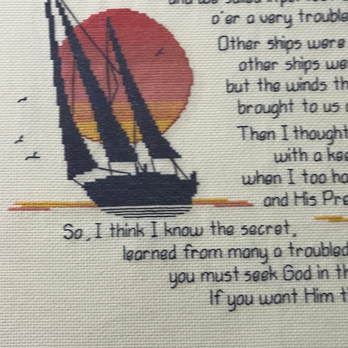 Vtg Embroidery Art Sailboats Ralph Cushman I Met God in the Morning Poem 16x18"