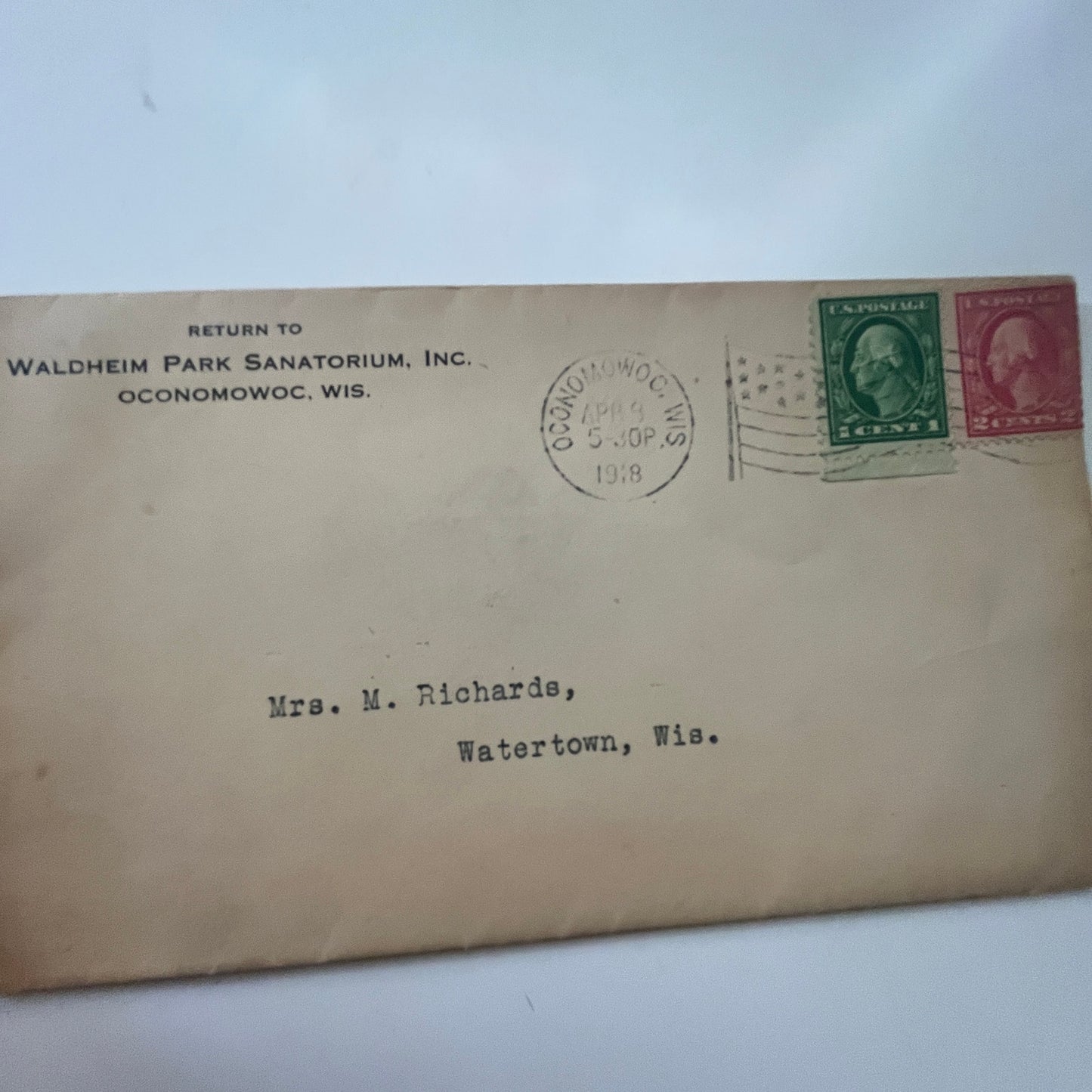 1918 Waldheim Park Sanatorium Letter and Envelope Oconomowoc WI AI9-H5