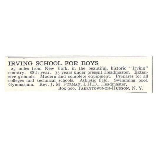 Irving Boys School J.M. Furman Tarrytown on Hudson NY 1924 Magazine Ad AD8-O6