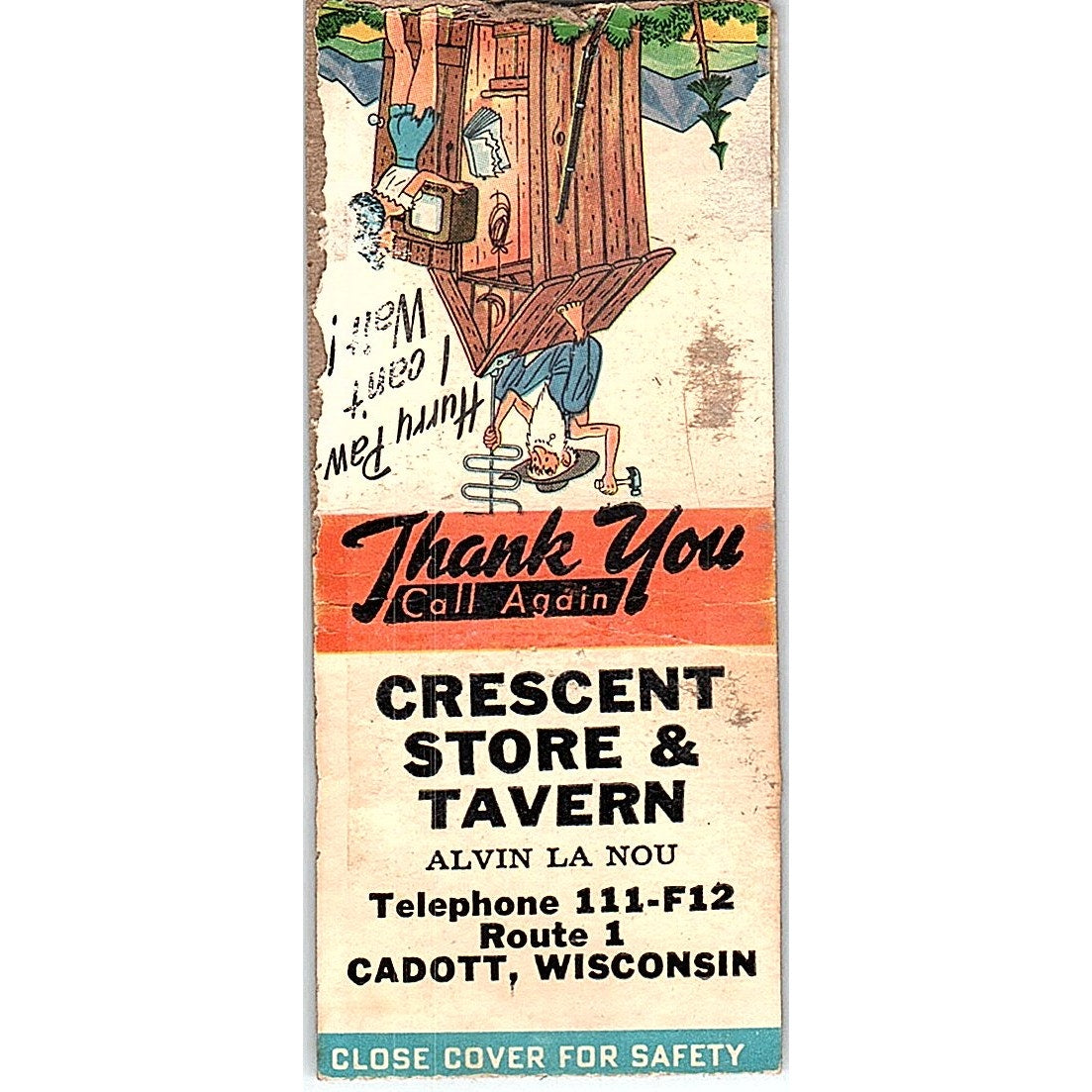 Crescent Store & Tavern Alvin La Nou Cadott WI Vintage Matchbook Cover SF3-Y5