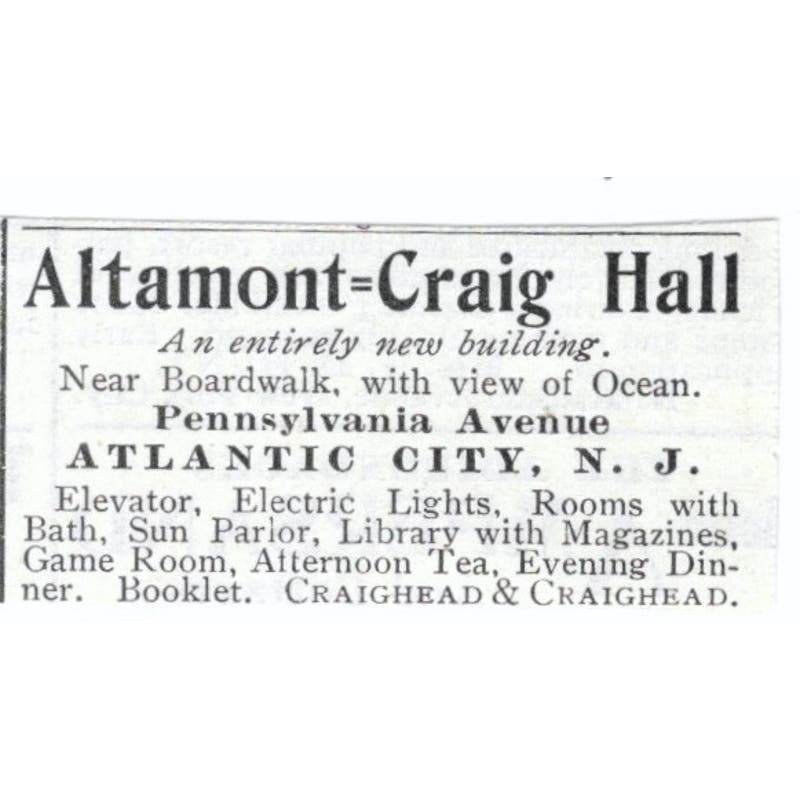 Altamont-Craig Hall Atlantic City NJ c1918 Original Advertisement AE5-SV4