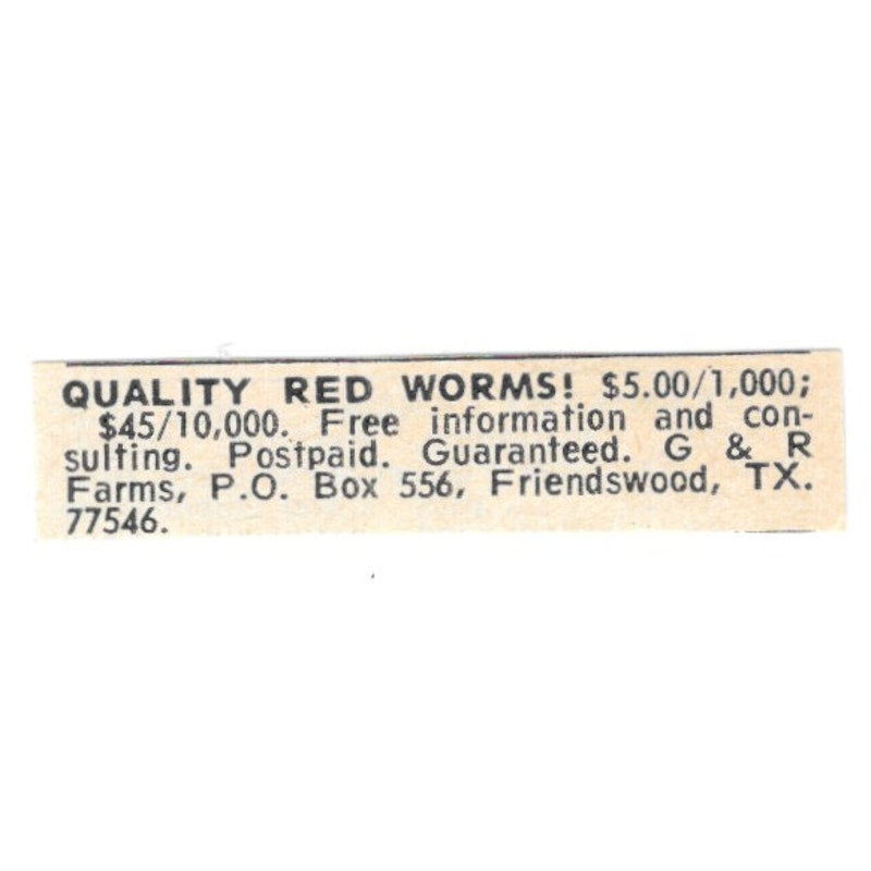 G&R Farms Red Worms Friendswood TX 1977 Ad AF6-S6