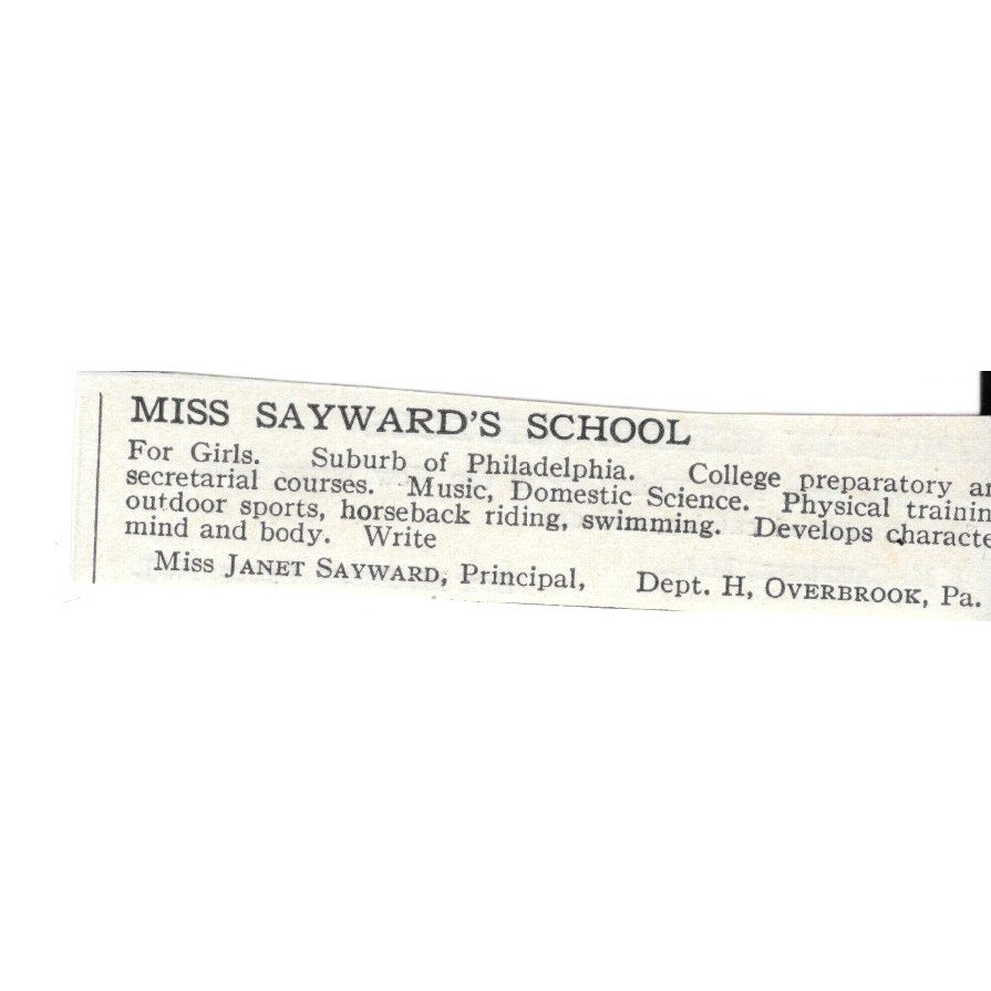 Miss Sayward's School Overbrook PA Miss Janet Sayward c1920 Harper's Ad AG4-S9