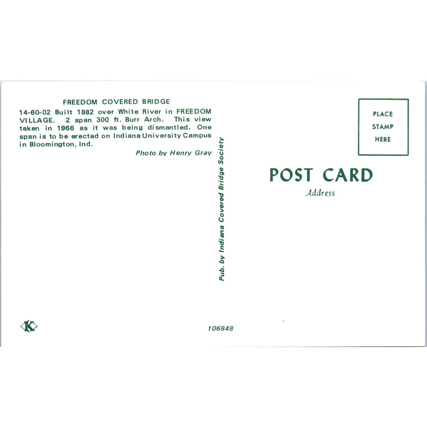 White River Freedom Village Freedom Bloomington IN Covered Bridge Postcard PB10