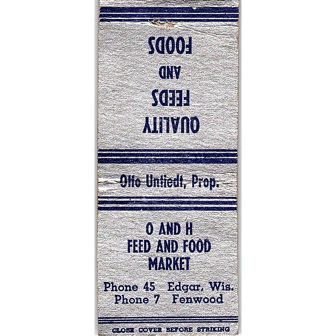 O and H Feed and Food Market Edgar WI Vintage Matchbook Cover SF3-Y2