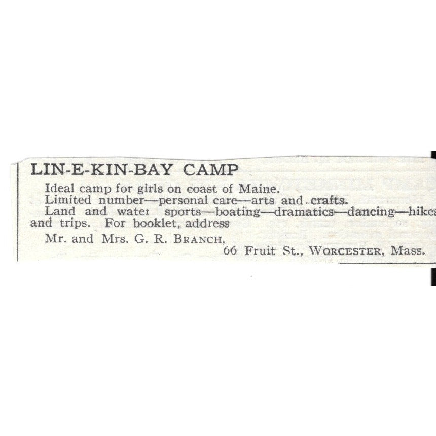 Lin-E-Kin-Bay Camp Worcester MA Mr. and Mrs. GR Branch c1920 Harper's Ad AG4-S7