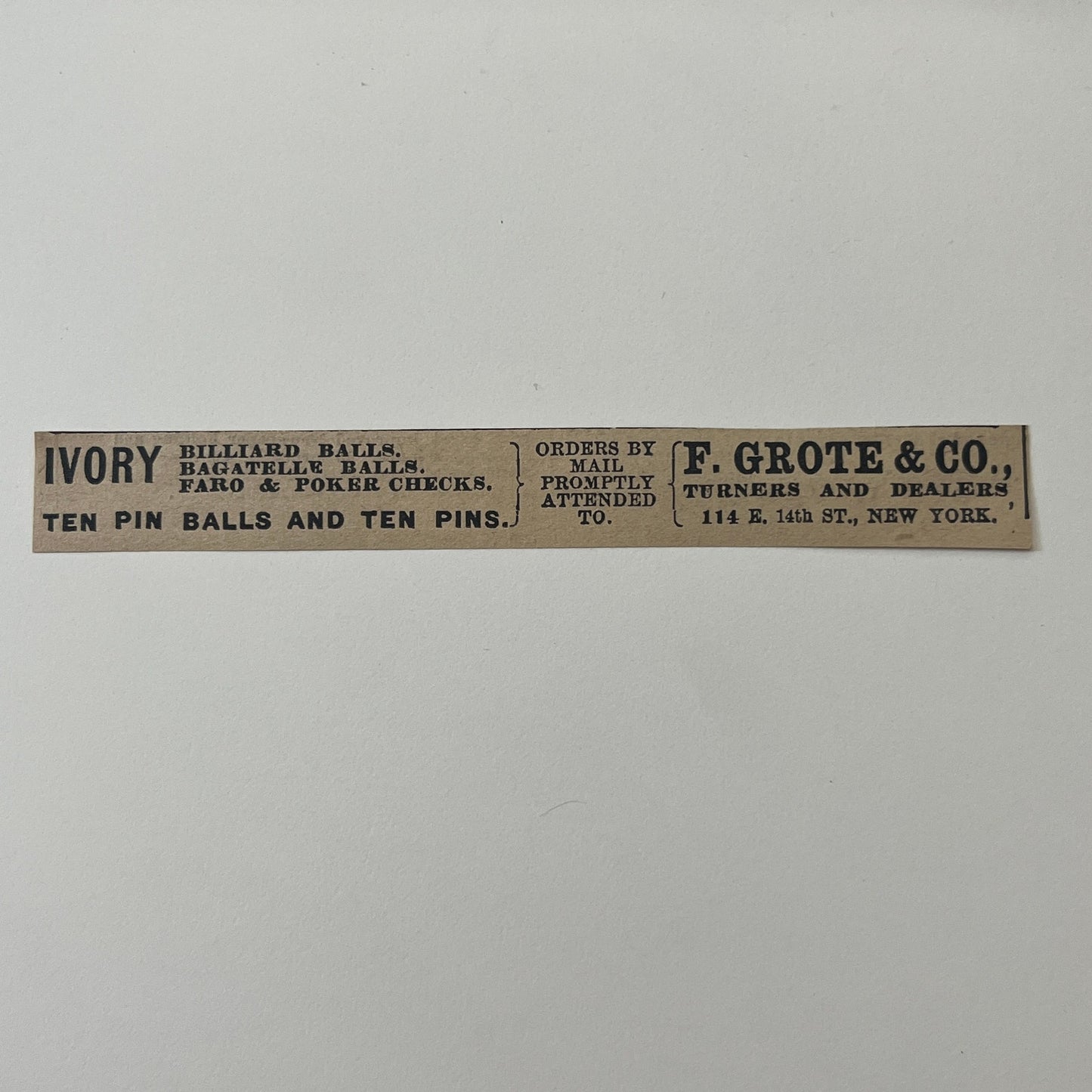F. Grote & Co Turner and Dealers Billiard Balls 114 E 14th St NY 1878 Ad AG2-M16