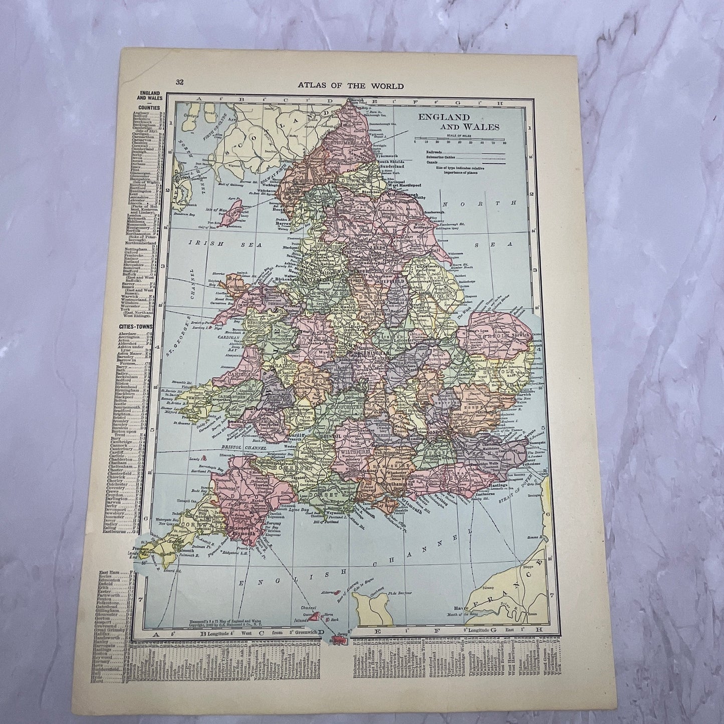 Map of British Isles, England and Wales Double Sided 1910 Print V14-7