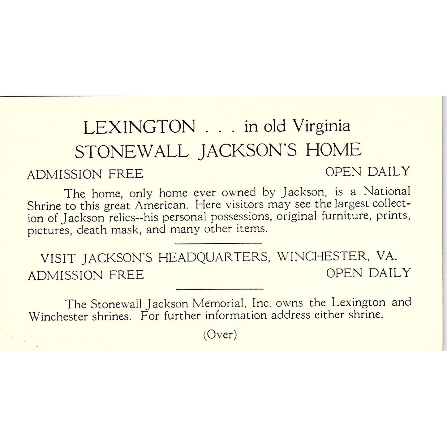 Lexington in Old Virginia Jackson's Home Winchester VA Vintage Leaflet TH2-TB3