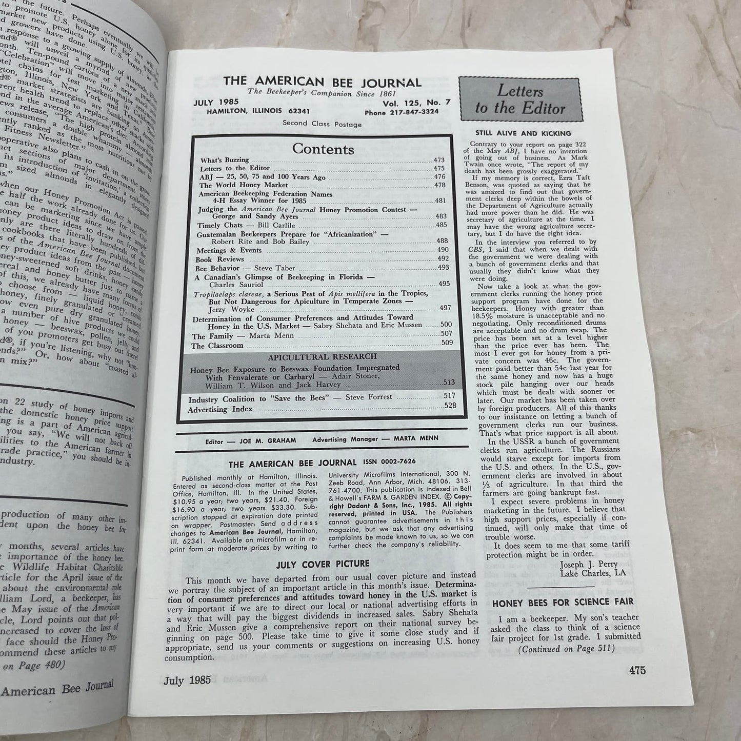 1985 July American Bee Journal Magazine Bees Beekeeping Honey M8