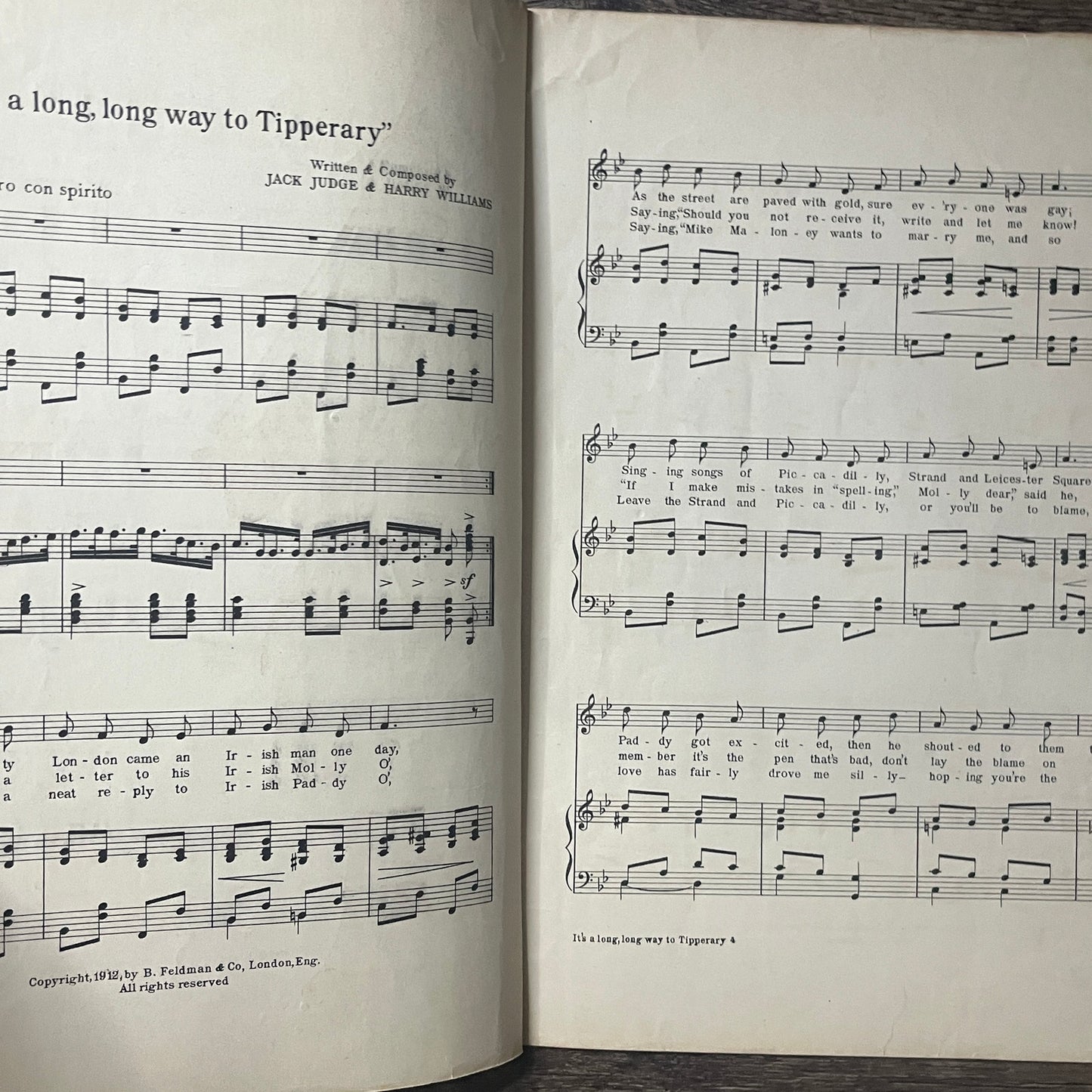 It's a Long Way to Tipperary 1912 Sheet Music Jack Judge Harry Williams V6