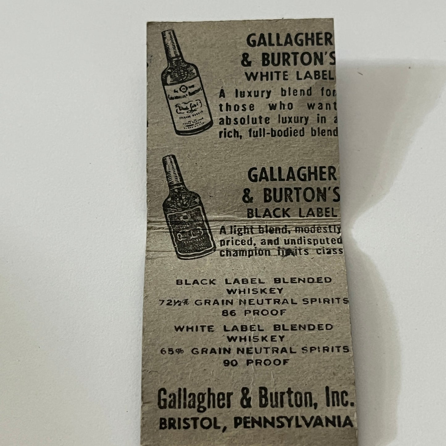 Gallagher & Burton's Fine Blended Whiskies Bristol PA Matchbook Cover TB6-MB1-12