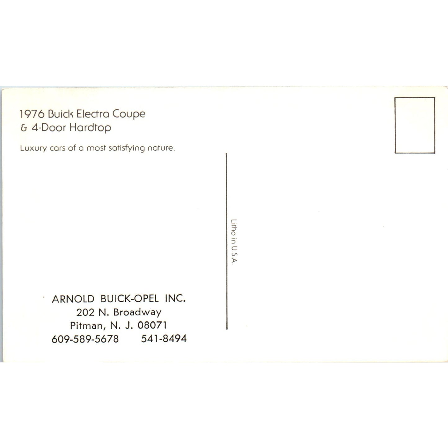 1976 Buick Electra Coupe Hardtop Arnold Buick-Opel Pitman NJ Postcard PC11