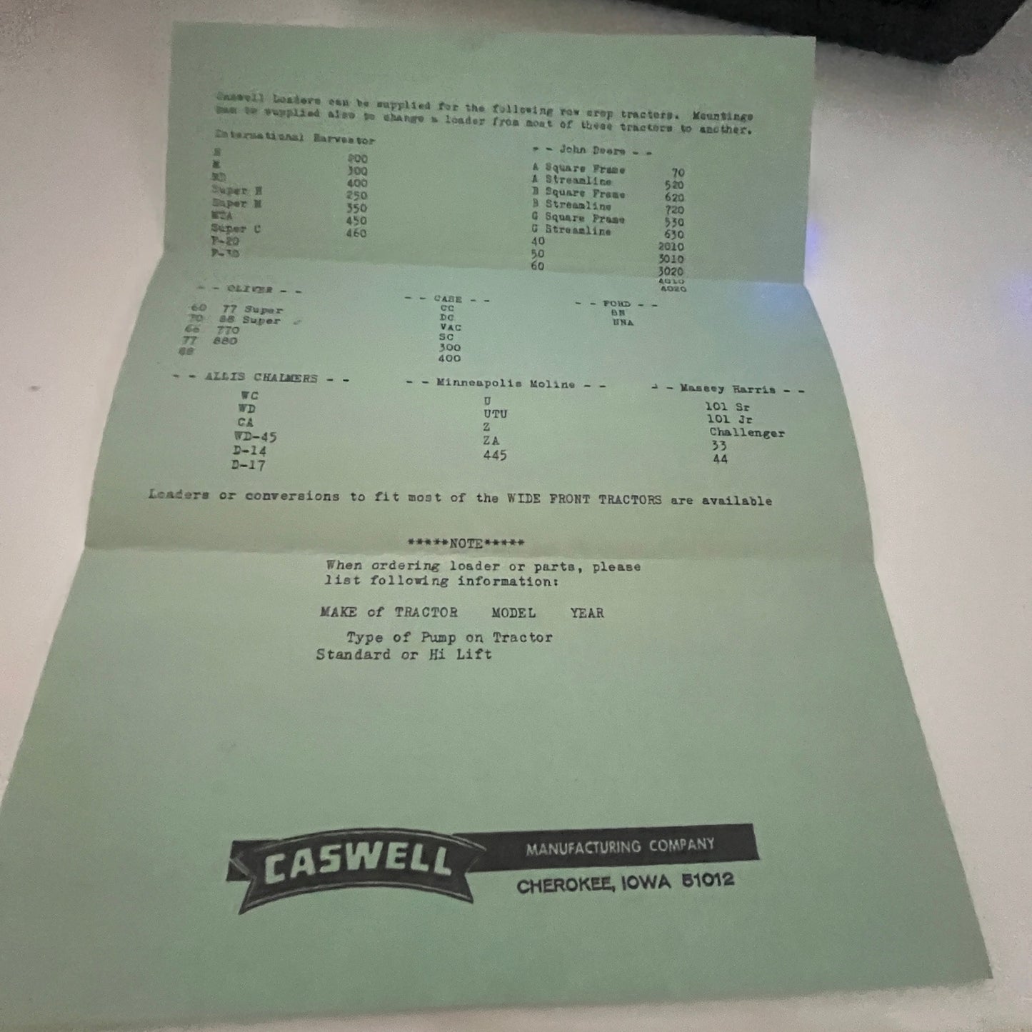 1967 Caswell Manufacturing Company Cherokee IA Farming Ephemera AJ3-1