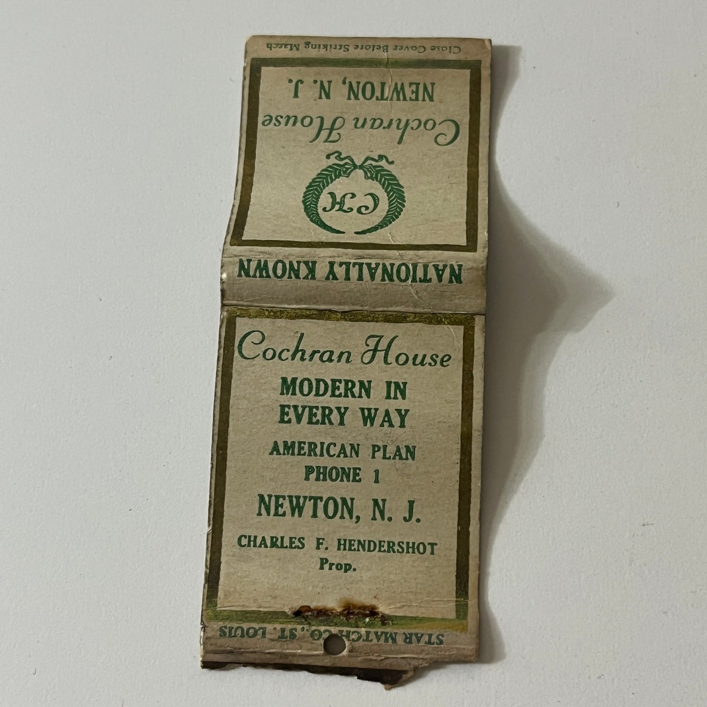 Cochran House Charles F Hendershot Newton NJ Vintage Matchbook MB60-1