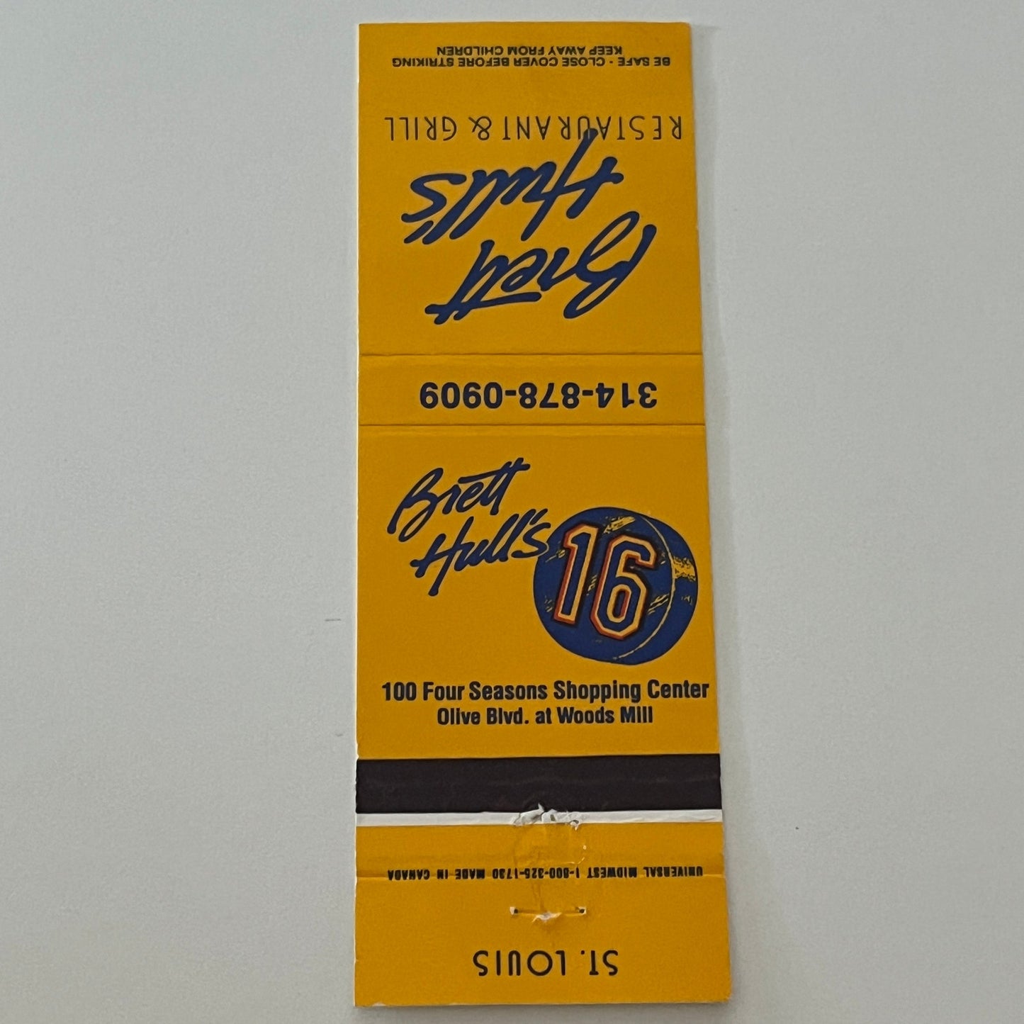 Brett Hull's Restaurant and Grill Woods Mill St. Louis Matchbook Cover MM5-9